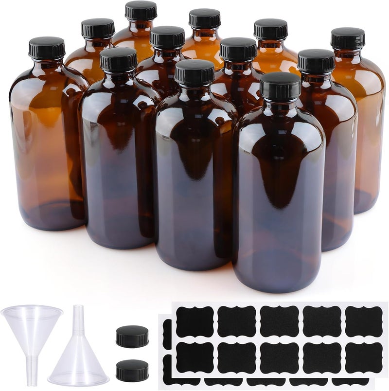 PINIWON 12 Pack 16 oz Amber Glass Bottles, Boston Round Sample Bottles with Black Poly Cone Caps, Labels and Funnels - Image 1